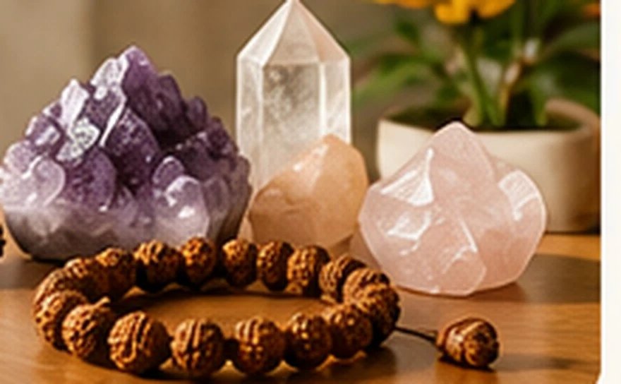 Illustrative still life of amethyst, quartz and a natural Rudraksha mala